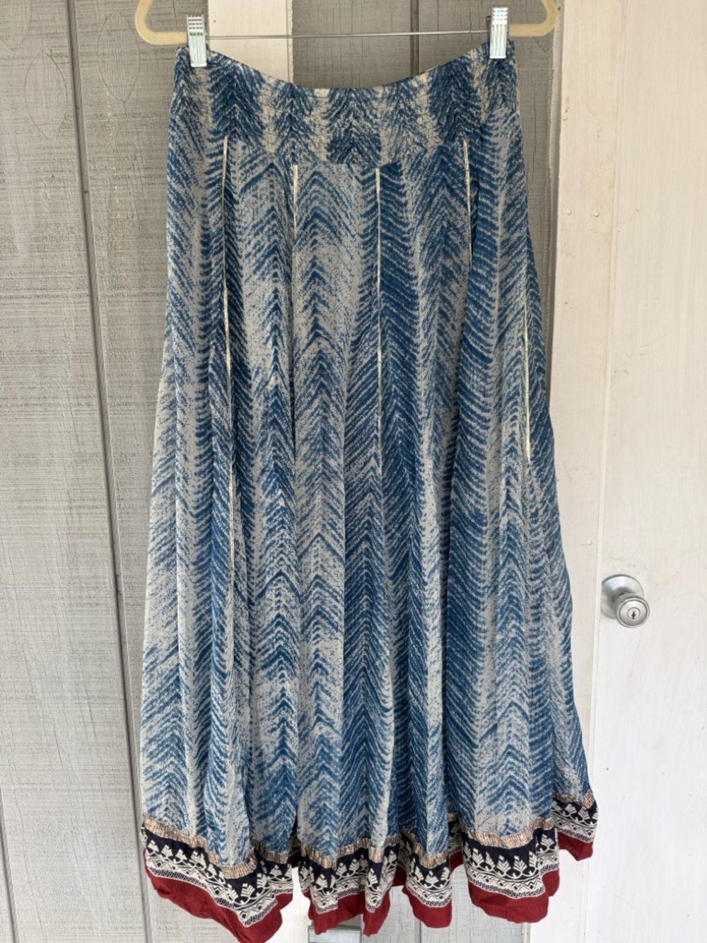 Soft Surroundings Blue Chevron Maxi Skirt with Black Tassel and Maroon Border - Picture 4 of 9